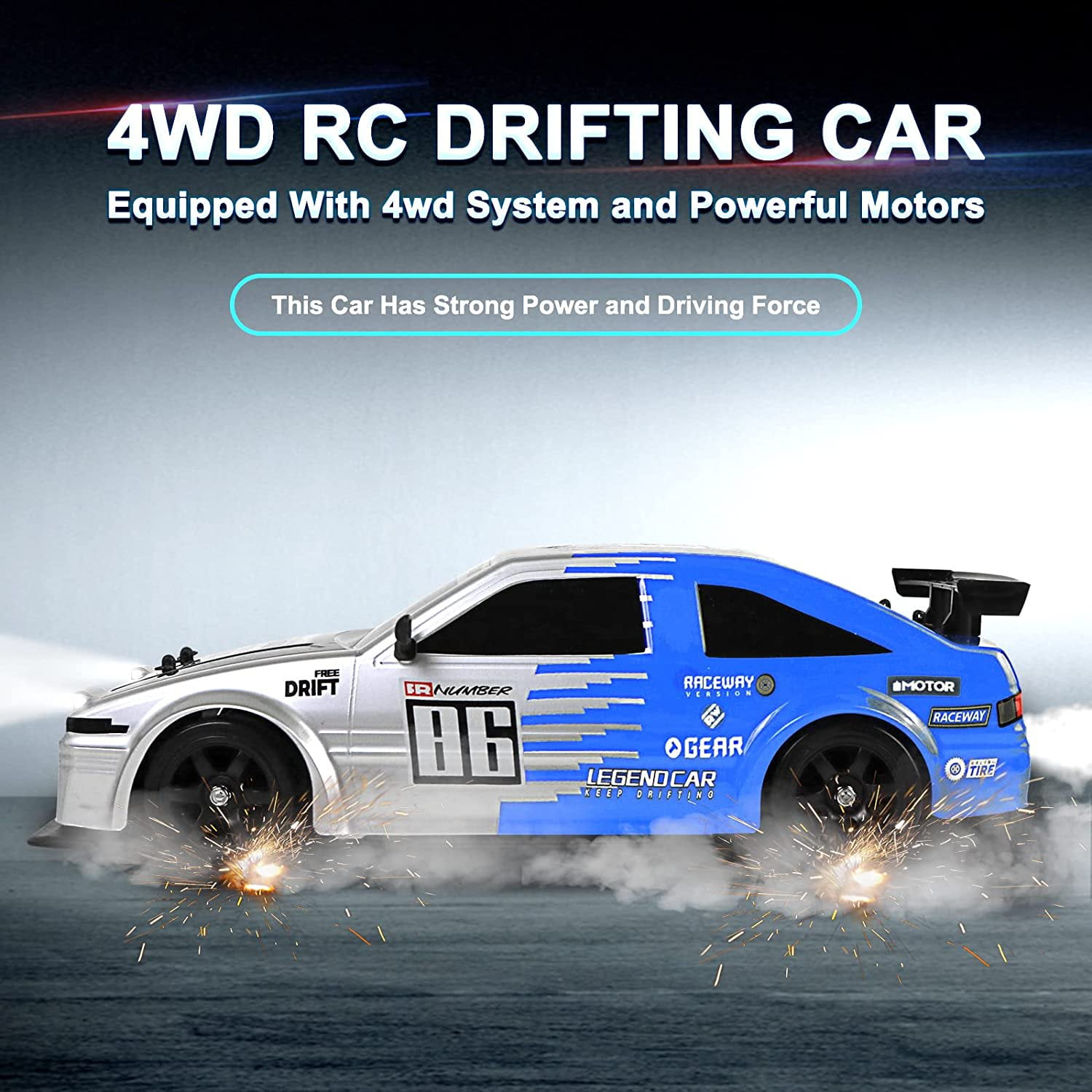 High Speed RC Drift Car for Boys, 2.4GHz 1:16 Scale 4WD 18KM/H Radio Control Cars with LED Lights, Blue Gray