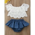 thumbnail image 4 of Toddler Newborn Baby Girl Denim Shorts Outfits Off Shoulder Lace Tops+Jean Shorts Skirt Clothes Set for 0-3 Months Girl, 4 of 7