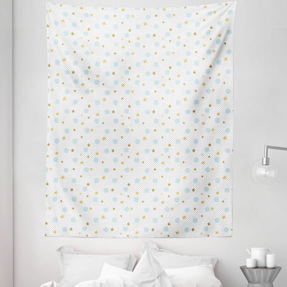 Stars Tapestry, Simplistic Hand Drawn Stars and Circles on Doodle Background, Fabric Wall Hanging Decor for Bedroom Living Room Dorm, 5 Sizes, Earth Yellow Blue Grey, by Ambesonne
