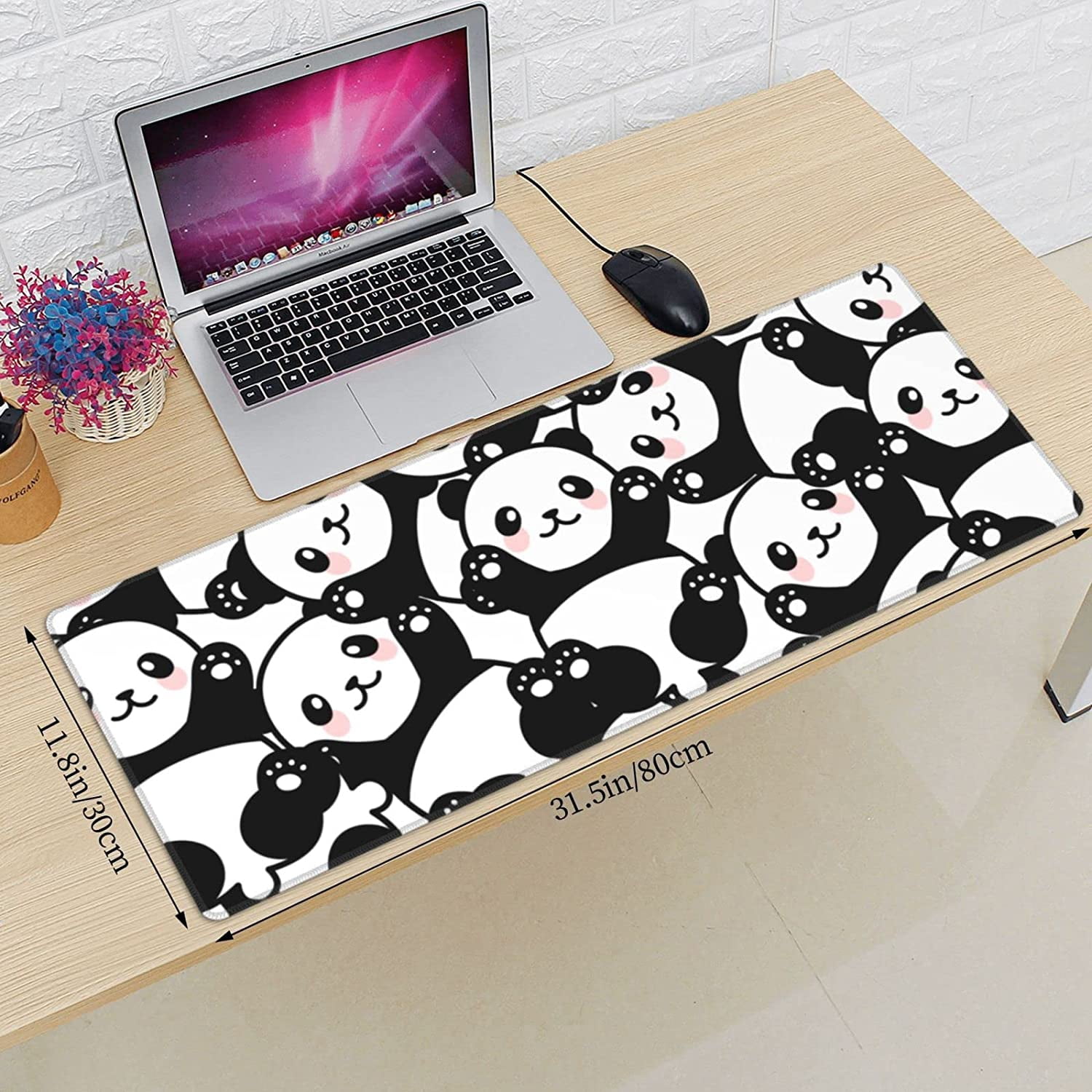 Cute Panda Print Mouse Pad Extended Large Gaming Mouse Pad XL Oversized Desk Pad Stitched Edges Non-Slip Mat 31.5 X 11.8 Inch