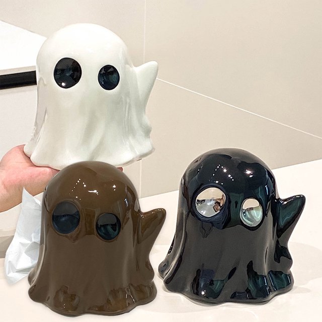 Fiudx Caja de Pañuelos de Cerámica, Diseño de Fantasma, Decoración Artística de Escritorio, Almacenamiento para Sala de Estar, Decoración de Halloween o Navidad, Color Blanco o Café, Tamaño 16,8 X 16