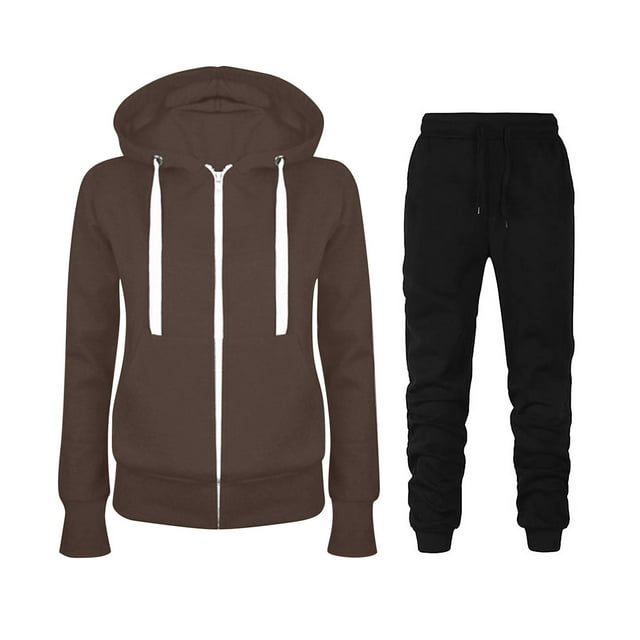 TIMIFIS Women's Two Piece Tracksuit Set Long Sleeve Zipper Hoodie Jacket with Sweatpants Sweatsuit Jogger Workout Set-Brown-L - Fall