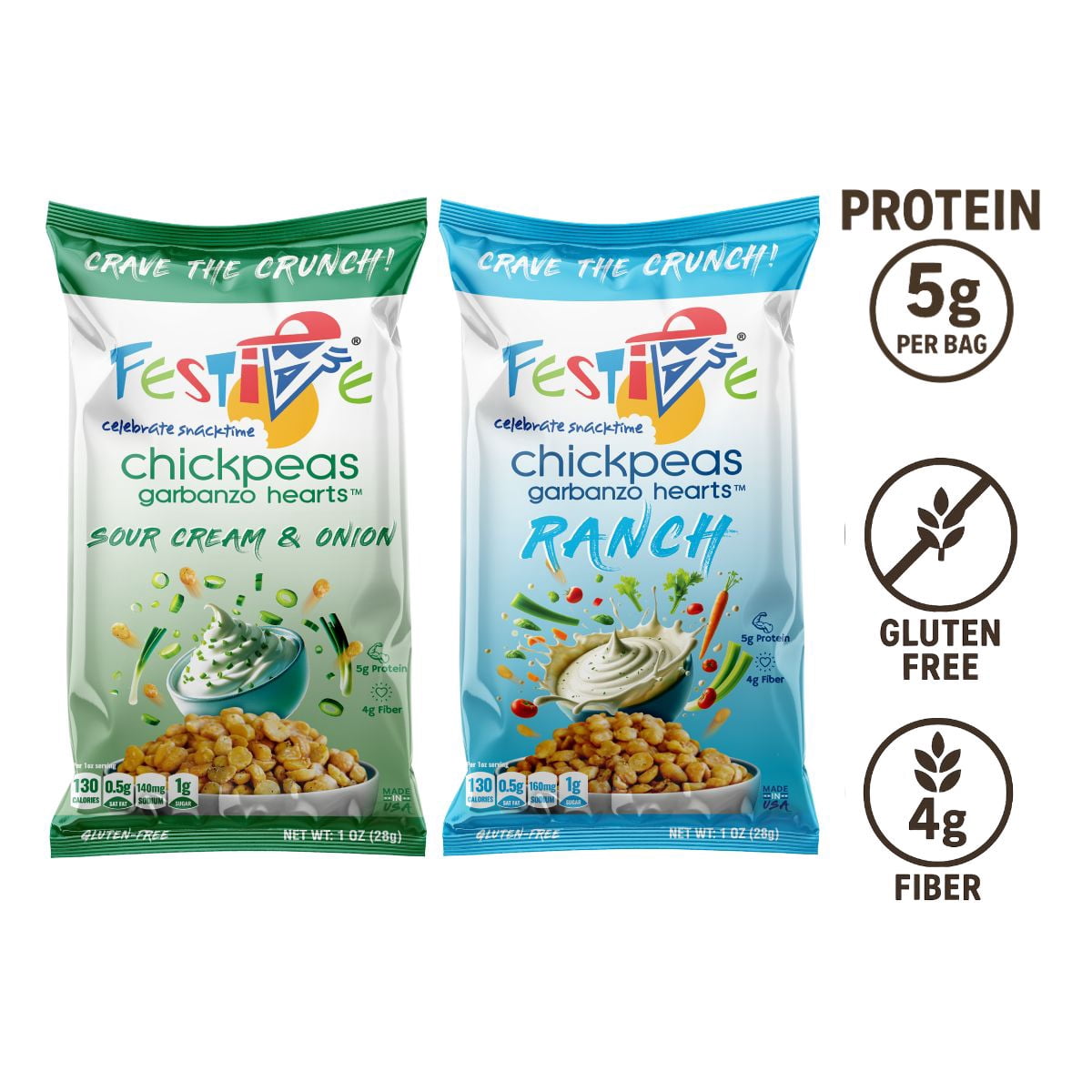Snack Festive Roasted Chickpeas – Gourmet Cream, 24ct Snack Bags (6 of Each of 4 Flavors: Ranch, Sour Cream, Nacho, Cheddar) Nut-Free, Non-GMO, Vegan, Soy-Free