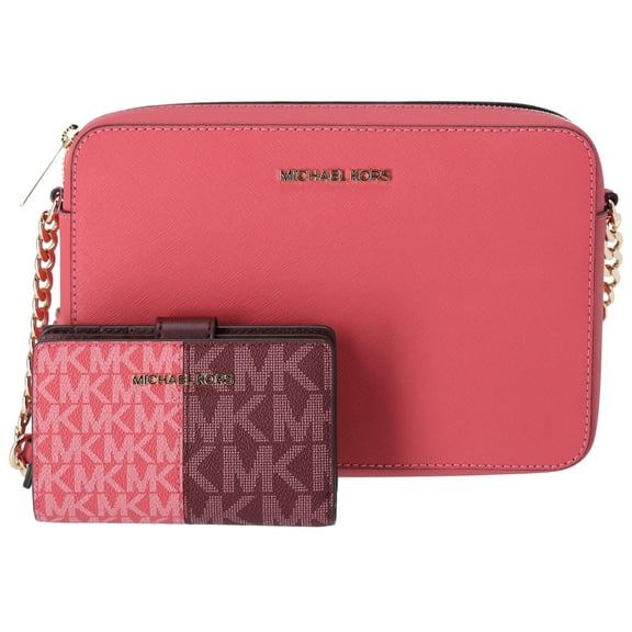 Michael Kors Jet Set Large Crossbody Light Berry Sorbet Pink   Oxblood Wallet