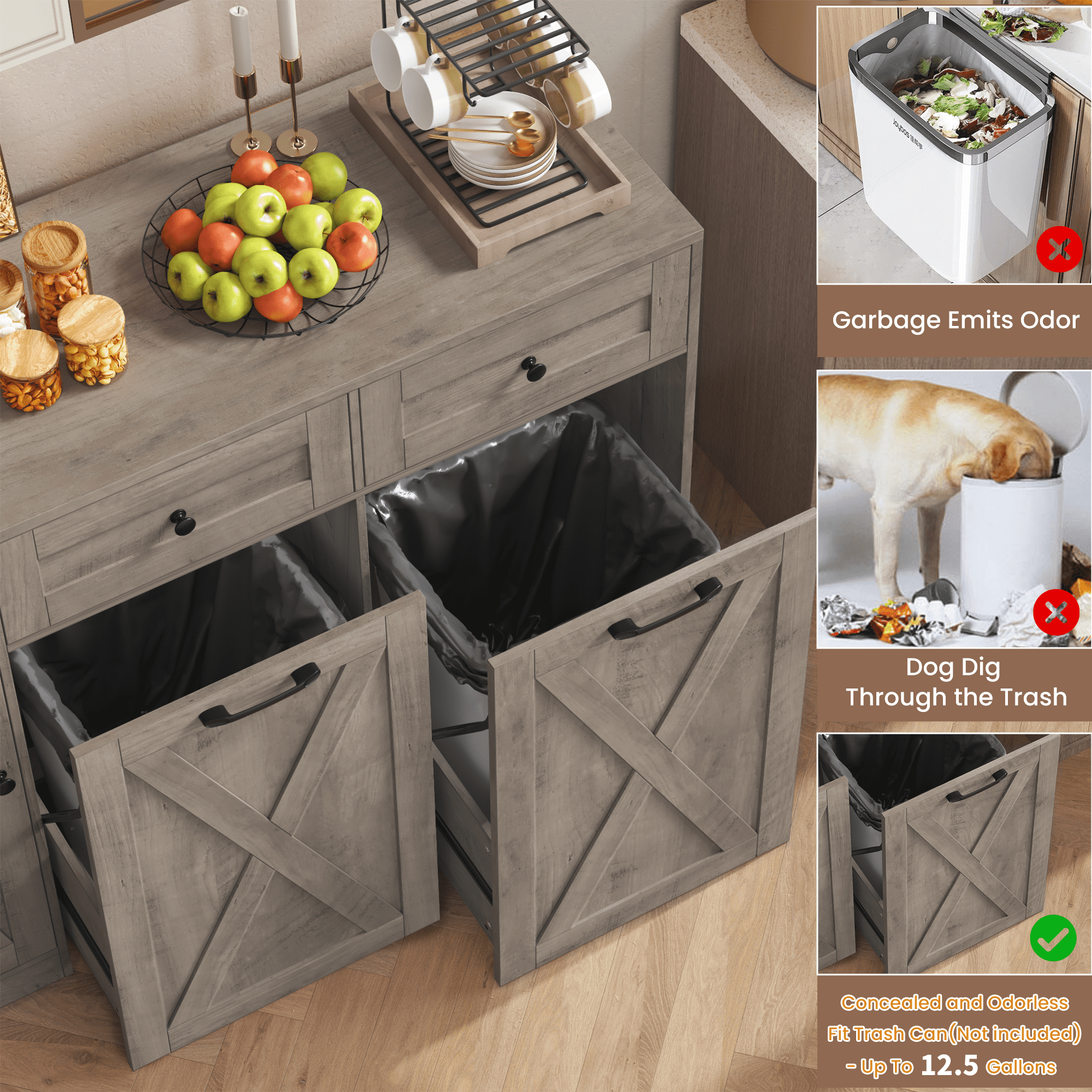 Homfa 47.2"W Kitchen Sideboard Credenza, Trash Can Cabinets Fits 12.5 Gallon Can, 2 Drawer Wood Buffet Storage Cabinet with Adjustable Shelf, Wash Gray