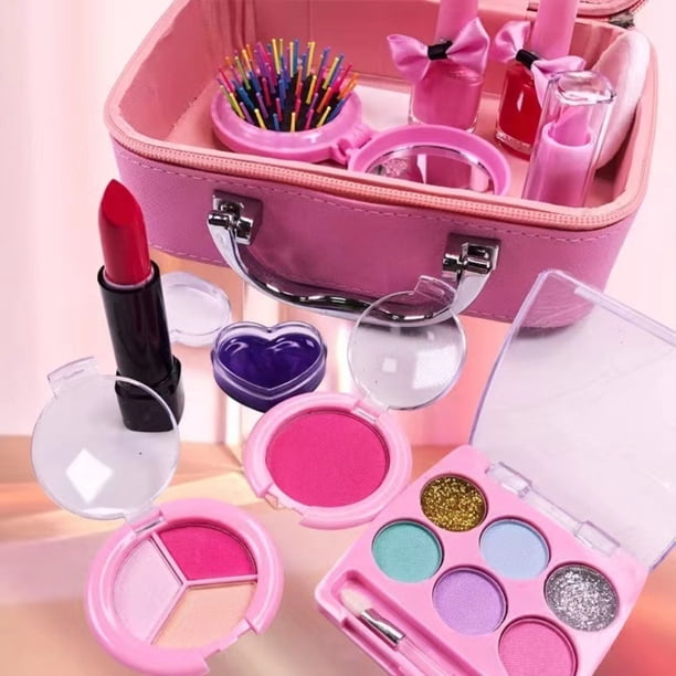 Set De Maquillaje Para Niñas De 32 Piezas – Cosméticos Lavables Y No Tóxicos, Estuche Rosa Con Esmaltes, Sombras Y Pinceles – Regalo Para 3 A 10 Años