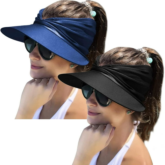2 Packs Womens Sun Visor Hat Wide Brim Summer UPF 50+ UV Protection Beach Sport Cap