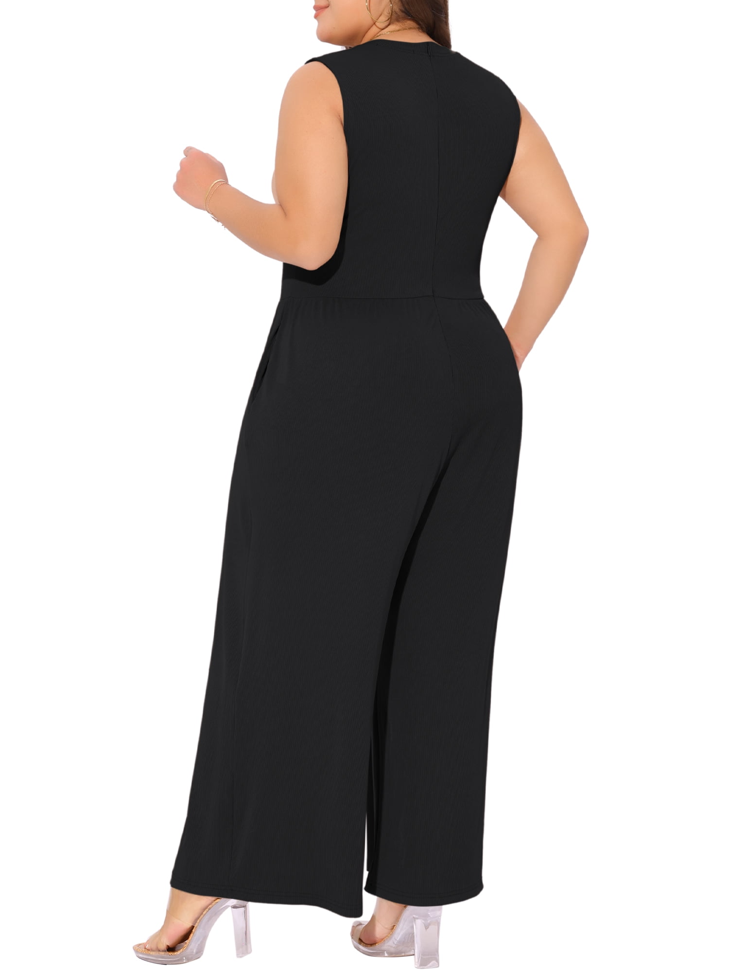 DARING DIVA Women's Plus Sleeveless Crew Neck Jumpsuit with Pockets 4X Black