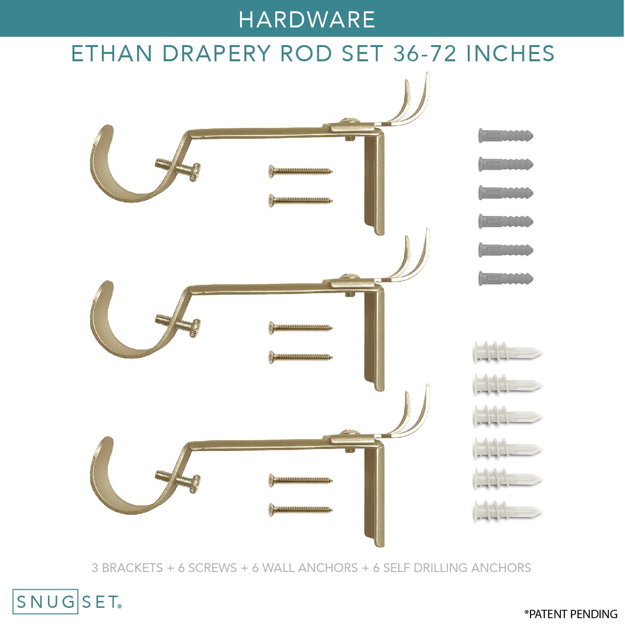 SnugSet 1" Golden Brass Ethan Ball Adjustable Single Curtain Rod, 36"-72"