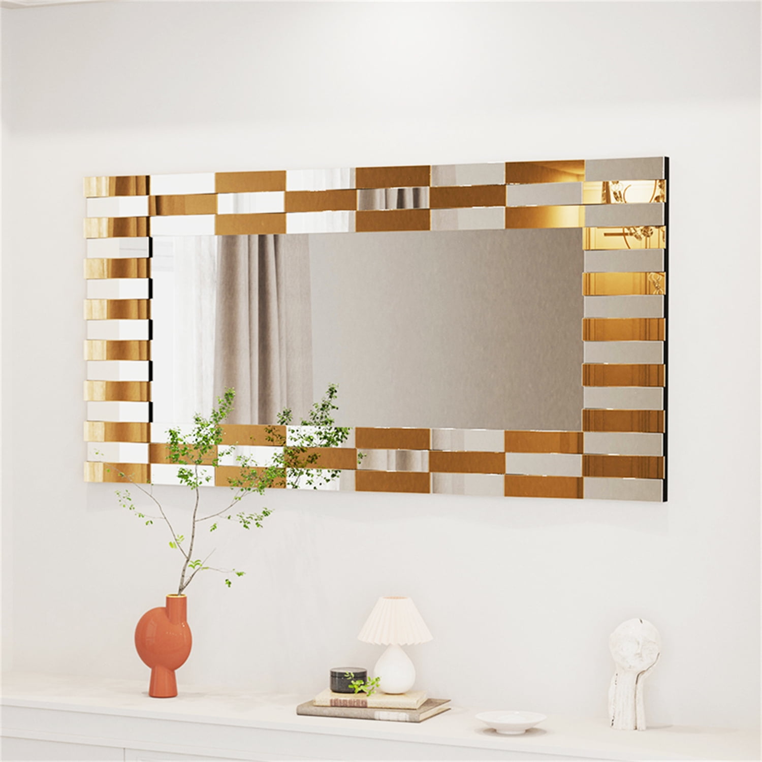 LUVODI Decorative Wall Mirror 3D Beveled Edge Art Hanging Mirror for Home Living Room 47x24in Square