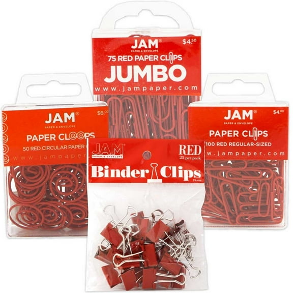 JAM Paper Office Clip Set, Red, Binder Clips & Paper Clips, 4 Pak