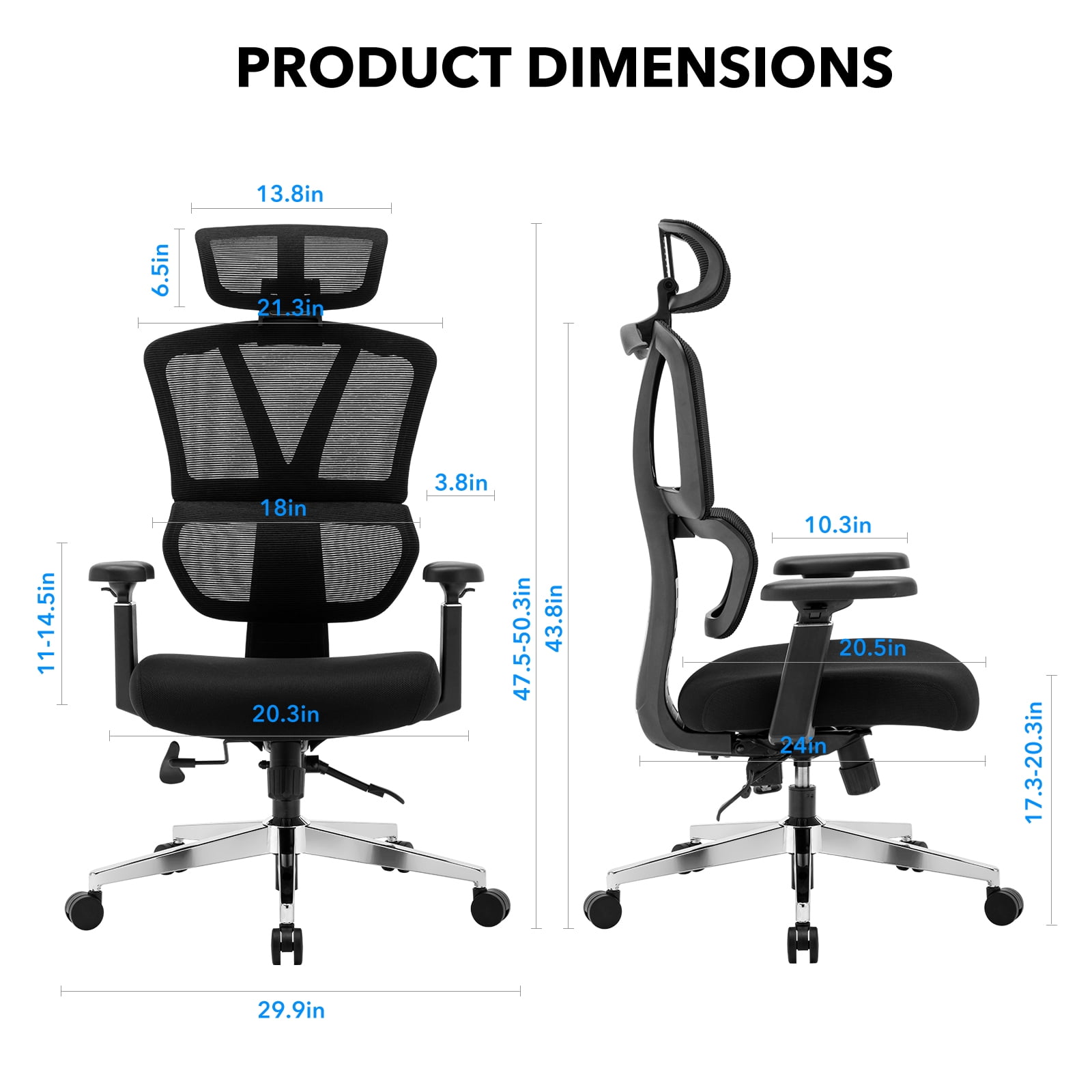 CHAIR MASTER Ergonomic High Back Mesh Office Chair, 3D Armrest, Adjustable Headrest, Variable Tilt (Nylon Casters)