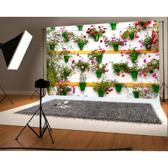 YUSDECOR 7x5ft Backdrop Photography Background Flower Decorations Wall Old European Town Spain Green Pots Pink Flowers Blossoms White Background Par