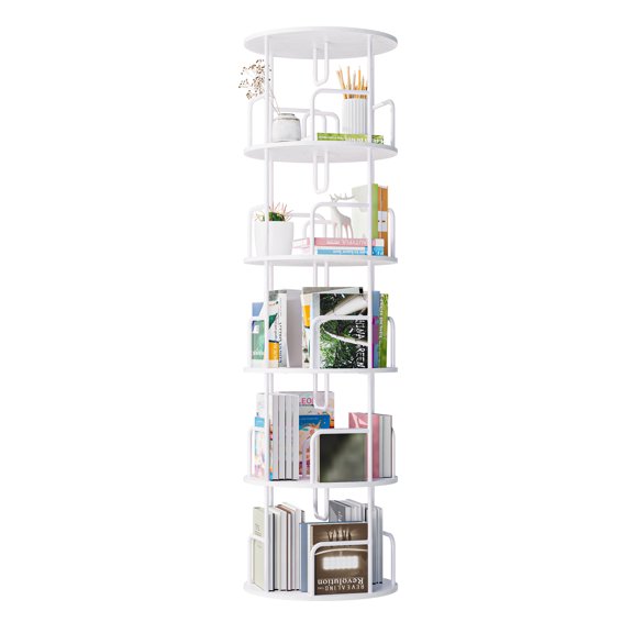 Rotating Bookshelf Tower 5 Tier,Spinning Bookcase, Revolving 360 Book Shelf Narrow Tall Bookcase, Vertical Turning Round storage Bookshelf ,Book Shelf Organizer for Bedroom, Living Room, White