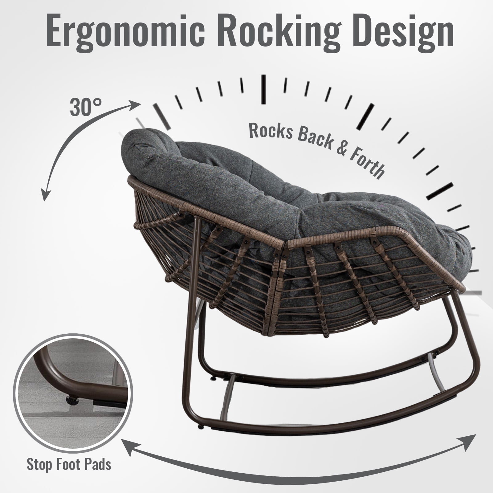 Indoor/Patio Rocking Chair, Oversized Rattan Egg Chair with Steel Frame & Padded Cushion