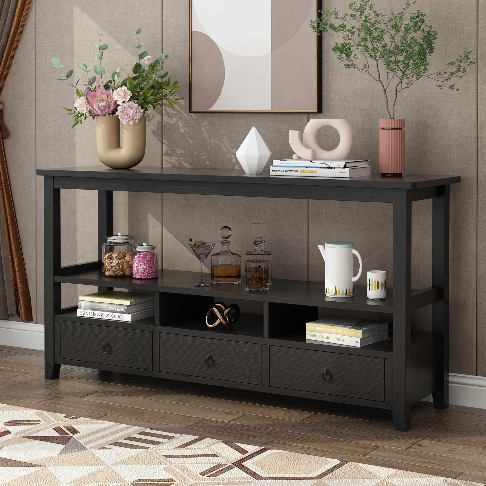 UBesGoo 58"L Console Table for Entryway with 3 Drawers and Storage Shelves, Wooden Sofa Table Living Room Table, Black