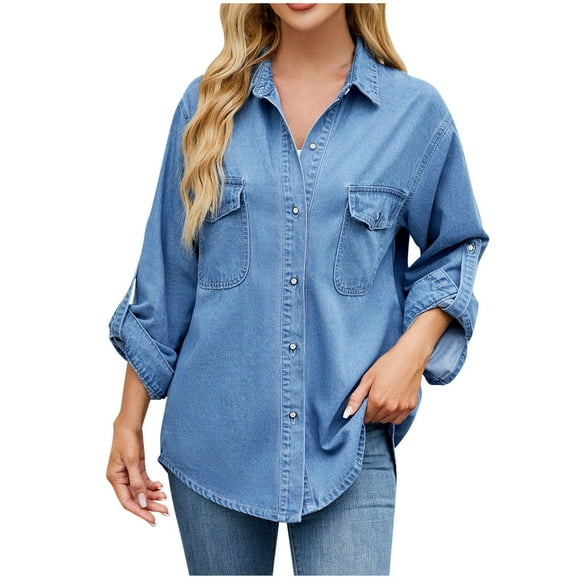 T-shirts Bleu Royal Clair pour Femmes Automne Été Denim Coupe Ample Décontracté Ajustable Cowgirl T-Shirt Hauts Femmes 2025 Vêtements Mode Concert Country Y2K L