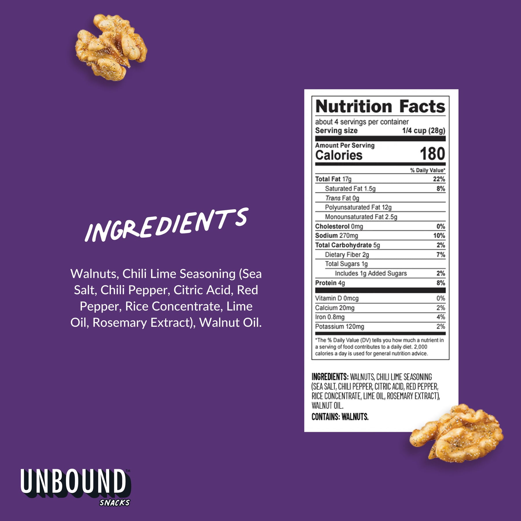 (Pack Of 6) Unbound Snacks Walnuts Chili Lime 4 Oz