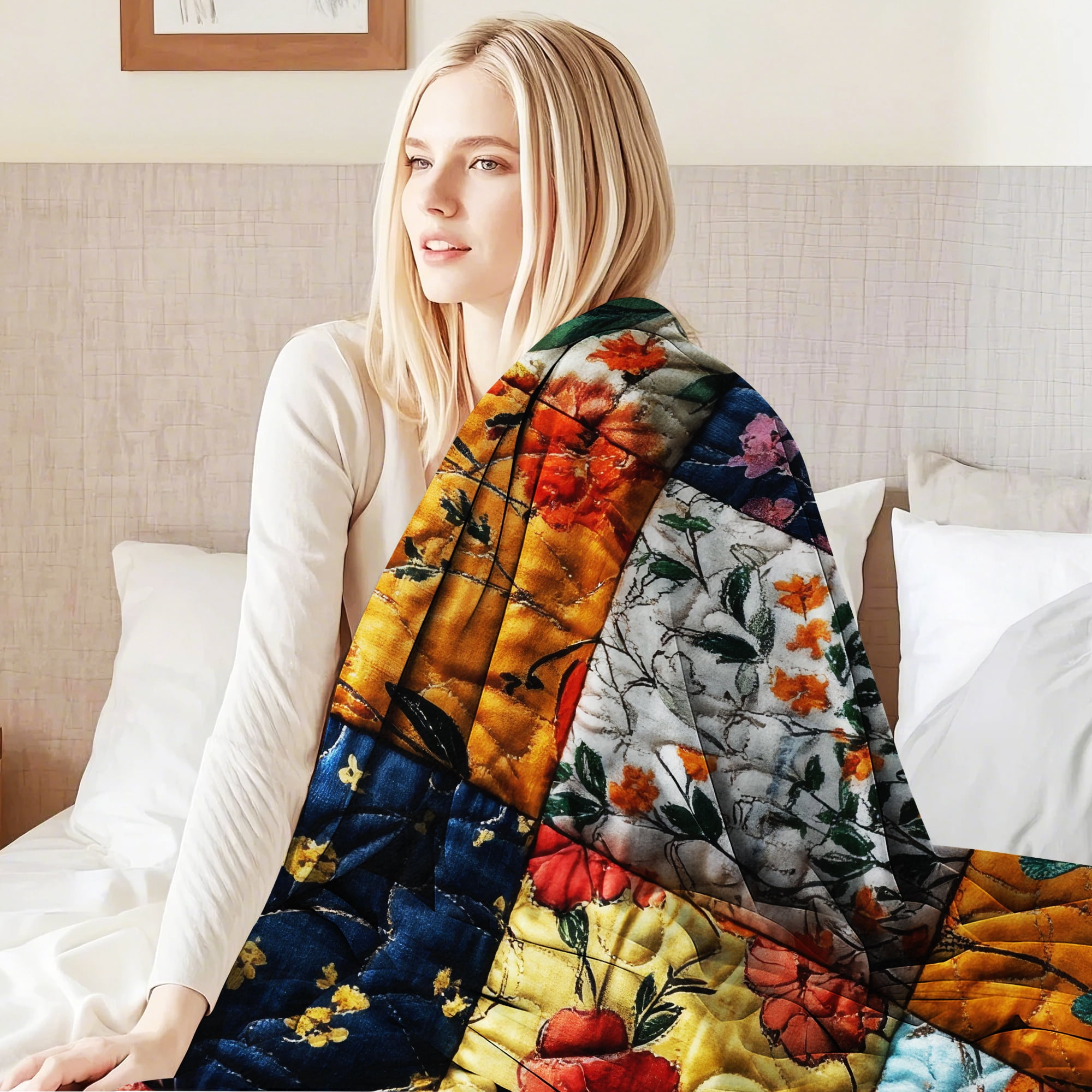 Flannel Fleece Throw Blanket, Soft Large Throw Blanket, Lightweight Cozy Plush Throw Blanket Fit Sofa Bed, 50"x60", Patchwork Floral Pattern