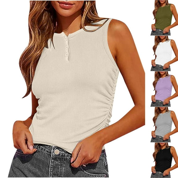 Xunlbb Tops for Women Under $5 Summer Women Solid Color Round Neck Pocket Sleeveless Casual Tee Tank Beach Vacation Clothes for Women S-2XL