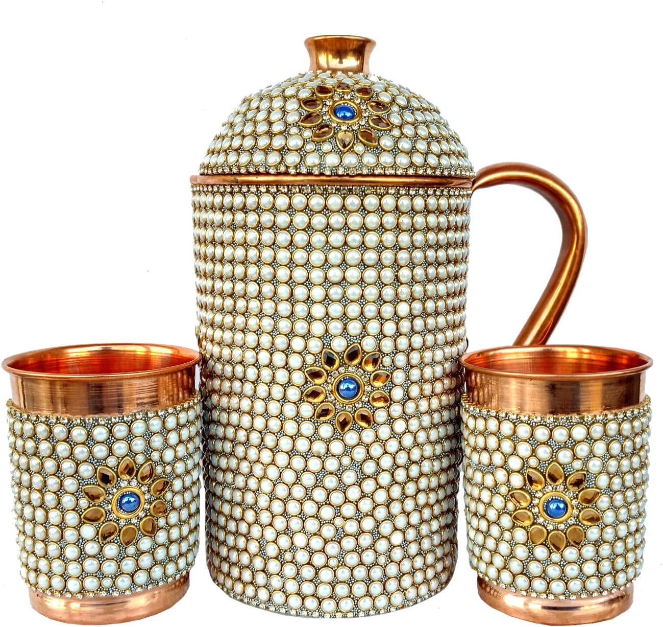 Rastogi Handicrafts Copper Jug-2 Glass Stone Work Decorated Drinkware Set (White Jug 2 Glass)