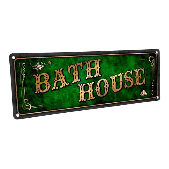 Green Bath House 4"x12" Metal Sign, Wall Décor for Mancave, Den, and Gameroom