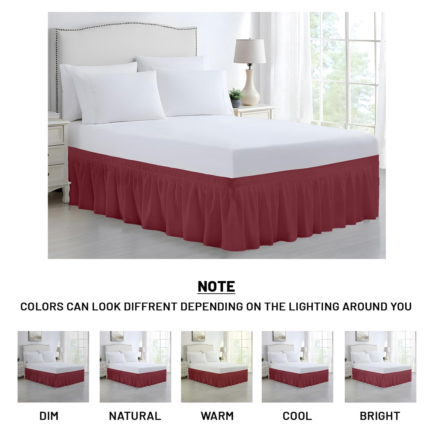 SGI bedding 15 inch Drop Wraparound Bed Skirt Twin Size - No Lifting Required, Adjustable Easy Fit Elastic Strap, Classic Gathered Styling Dust Ruffle, Fade Resistant -Burgundy