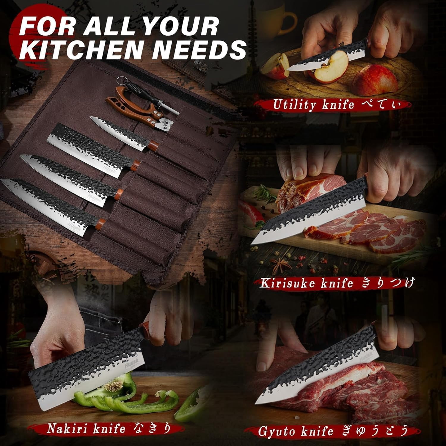 Huusk 6pcs  Knife Set with Covers - Professional Chef Knife Set with Bag & Sharpener, High Carbon Steel Forged Knives Sets with Scissors, Gifts for Men and Friend