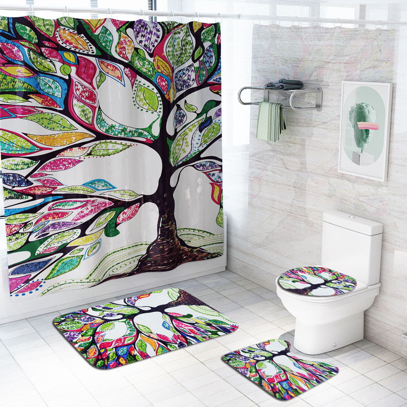 3/4PCS Bathroom Colorful Tree Shower Curtain Toilet Cover Mat Non-Slip Rug Set 