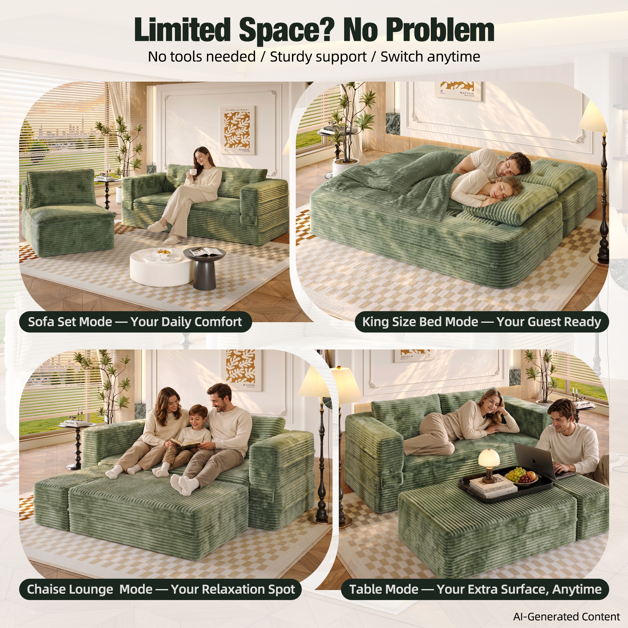 HOQBN 80" King Size Sleeper Sofa Bed, Plush Corduroy Deep Seat Sofa Couch with Independent Chaise and Functional Blanket for Living Room, Bedroom Green