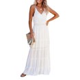 thumbnail image 1 of Vestido sin mangas con cuello en V, dobladillo con volantes fruncidos, vestido con tirantes finos, cintura elástica, vestido sin espalda, vestido maxi sin mangas con vuelo, Blanco L, 1 of 6