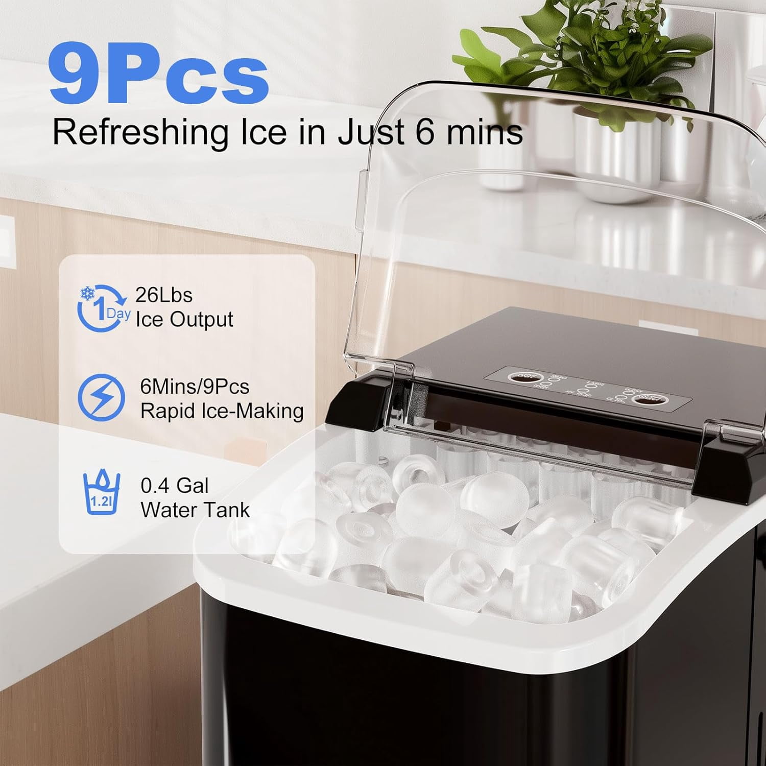 Ice Makers Countertop with Handle, Portable Ice Machine, 9 Bullet Cubes in 6 Mins, 26lbs in 24Hrs, Auto-Cleaning, with Basket and Scoop, for Home, Kitchen, RV, Camping, Black