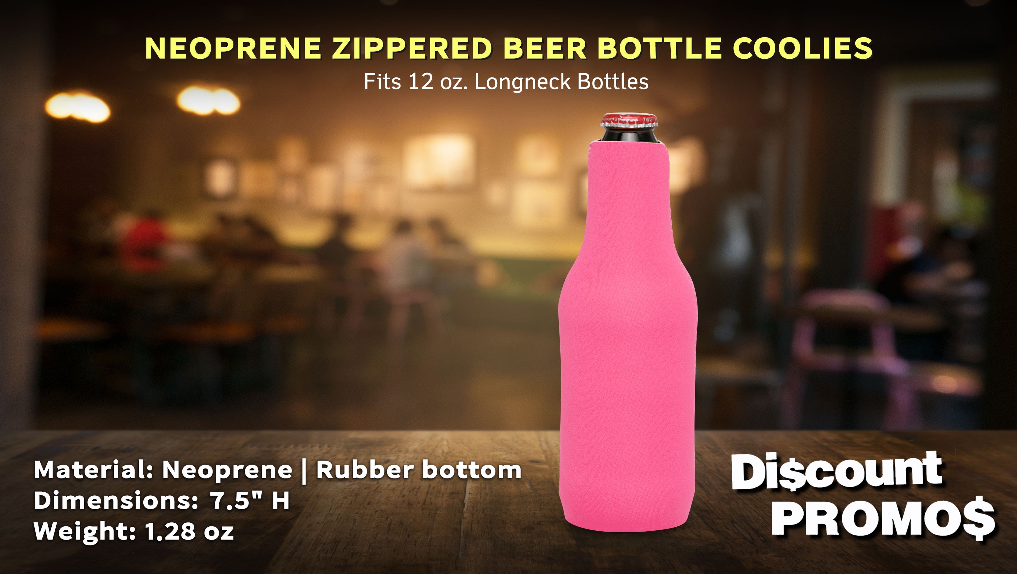 10 Neoprene Zippered Beer Bottle Coolies Pack - Sharkskin Rubber Bottom - Neon Pink
