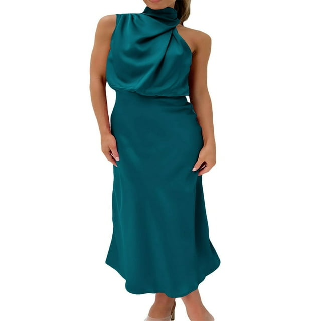 PENGXIANG Robe Maxi en Satin pour Femmes Élégante Sans Manches Col Montant Soirée Mariage Robe Longue Formelle