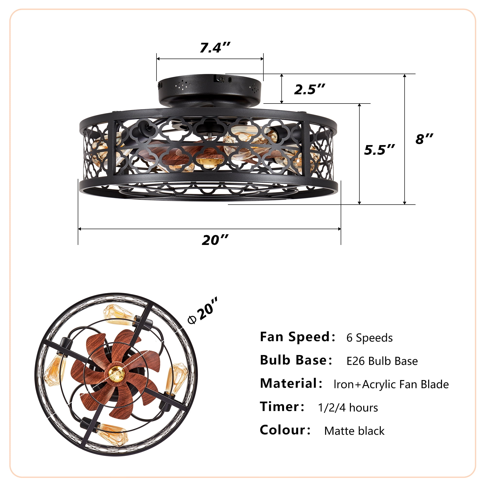 Leumius 20" Flower Style Iron Ceiling Fans with Lights and Remote, Farmhouse Flush Mount Ceiling Fan with 6 Speeds Reversible Motor for Living Room Bedroom Dining Room (NOT Included Bulbs)