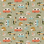 Vintage Campers green, Paintbrush Studio fabric Vintage Camping cotton, QTR YD