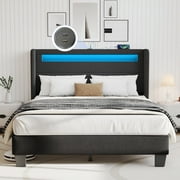 SYNGAR Full Bed Frame with USB Port and LED Light, Modern Platform Bed Frame No Box Spring Needed with Linen Upholstered Headboard, Easy Assembly, Black