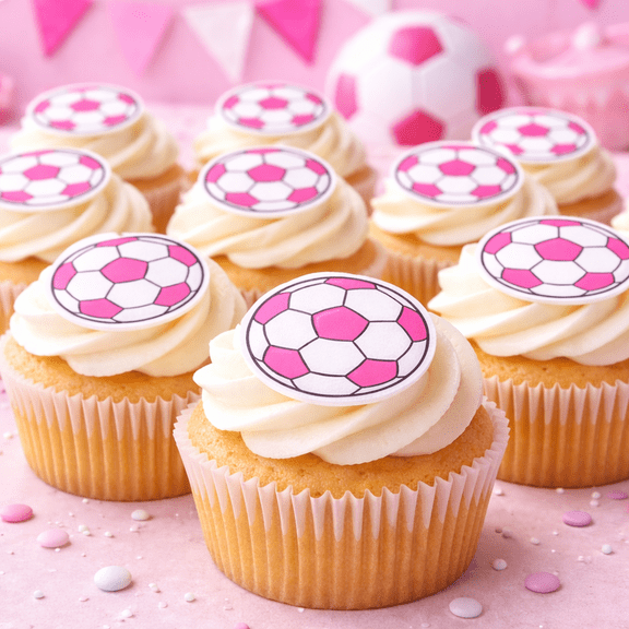 Edible Pink Soccer Cupcake Toppers, 24 Count - Girl's Soccer Party Decorations for Kids Sports Birthday