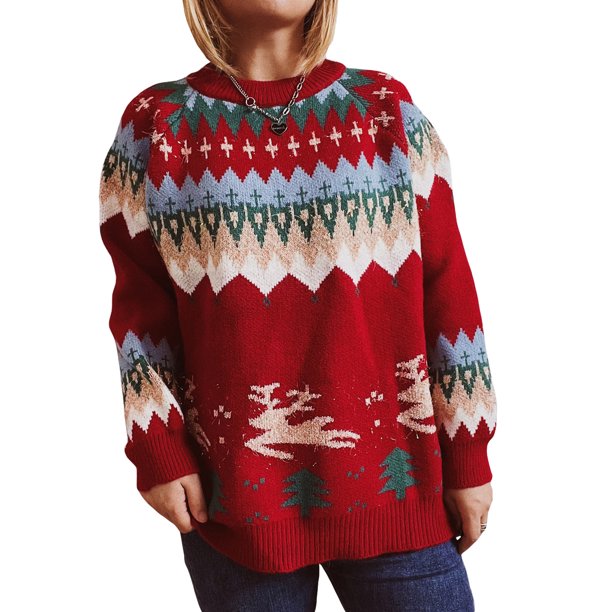TRKIYQC Suéter de Navidad para Mujer, Jersey de Punto, Manga Larga, Cuello Redondo, Elk, Tops de Invierno para Casual Diario TRKIYQC moda