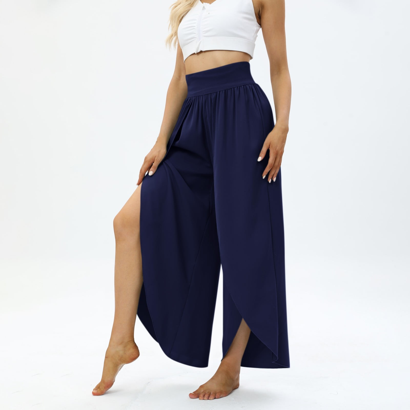 TQWQT Womens High Split Yoga Pants Side Slit High Waist Wide Leg Flowy Layered Palazzo Pant Workout Sweatpants Beach Trousers Dark Blue L Walmart