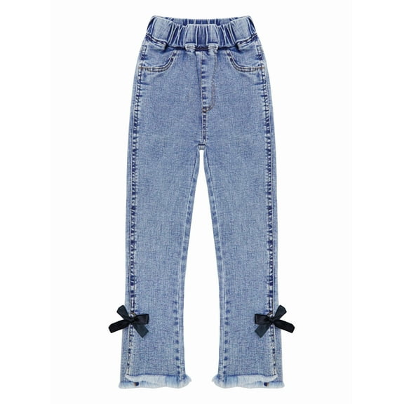 KIDSCOOL SPACE Girl Jeans,Raw Edge Ankle Hem Bowknot Decor Denim Pants,Blue,9-10 Years