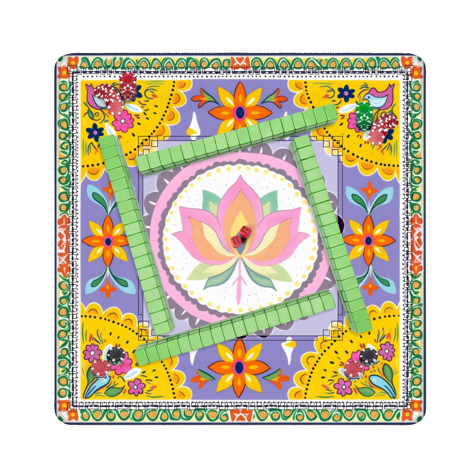 Mahjong Mat 31.5" x 31.5" Vibrant Floral Mandala Lotus Bright Colors Non-Slip Noise Reduction American Mahjong Tiles Table Cover for Dominoes Poker Card Board Games Gift