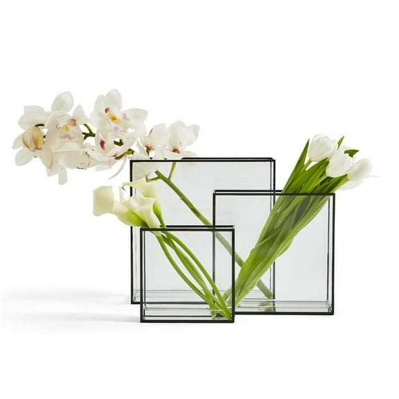 Two's Company Tozai Windows Set of 3 Square Vases with Black Trim