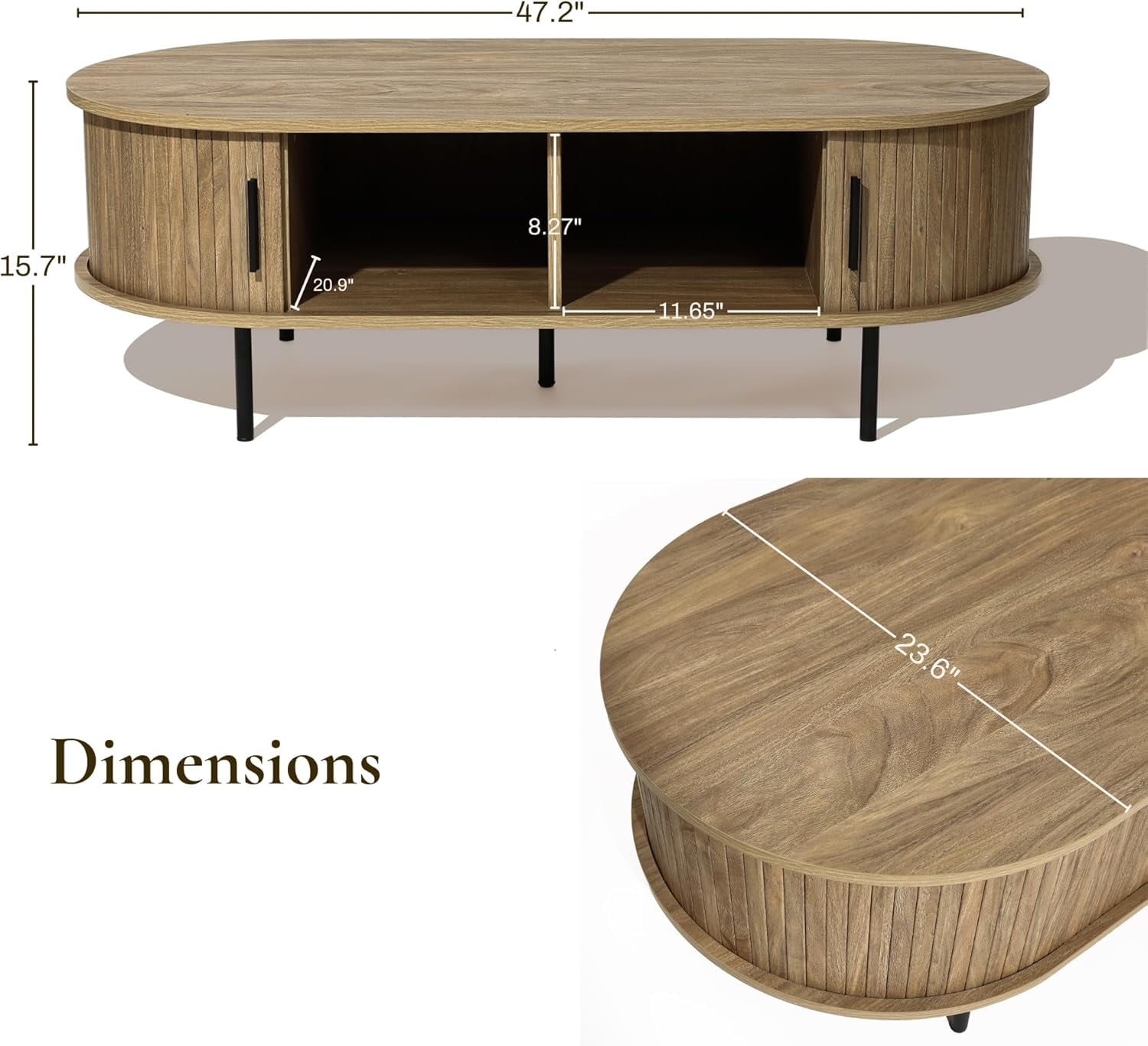 LuxenHome Oval Coffee Table with Storage, 47" Mid Century Modern Fluted Coffee Tables for Living Room, Wooden Sliding Door Boho Storage Center Table for Home, Office