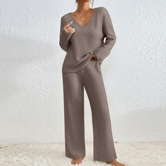 2 Piece Outfits for Women Long Sleeve Knit Sweater Top and Wide Leg Pants Ribbed Lounge Matching Set Fall Winter Light Brown XL