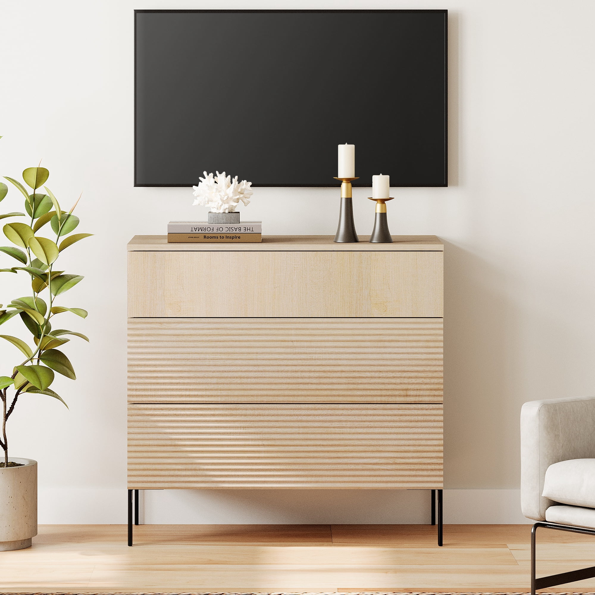 31.5" Reeded Dresser TV Stand, Modern Minimalist Entertainment Center, Wooden TV Console with Storage for Living Room,Bedroom