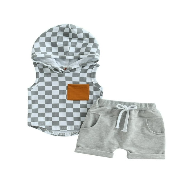 Ensemble de T-Shirts et Shorts à Capuche Sans Manches à Damier pour Bébé Garçon Été 2 Pièces