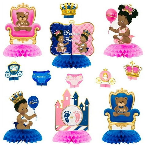 Belanttega 12Pcs African American Baby Gender Reveal Honeycomb Centerpieces, Royal Prince or Princess Baby Shower Boy Girl Gender Reveal Party Table Topper Centerpiece for Party Decoration Supplies