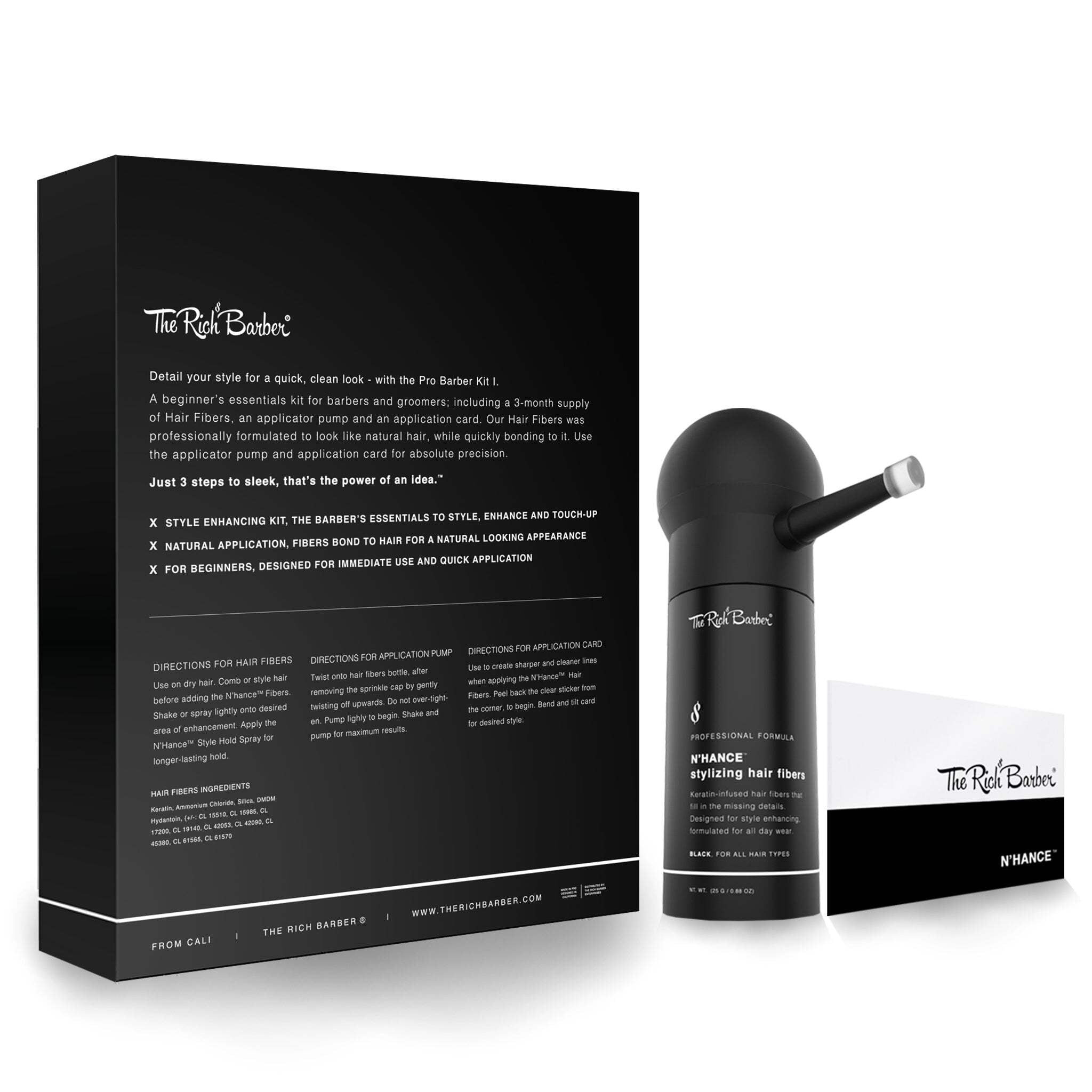 The Rich Barber N’Hance Hair Fibers & Applicator Pump Set | Natural Concealing Hair Thickening Fibers | Long-Lasting Spray with Accessory For Crisp Hairlines, A Thicker Beard & Styling (Black)