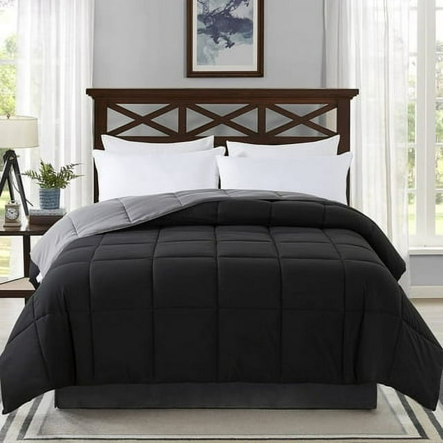 cosybay Couette Alternative au Duvet (Noir Gris, Lit Simple) - Couette de Lit Matelassée Douce Toutes Saisons Format Lit Simple - Insert de Couette Réversible Léger avec Pattes d'Angle - Chaude et Moelleuse pour l'Hiver et l'Été, 64x88 Pouces